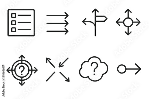 Complex Decision Icons. Choice Overload Set linear set: crowded menu panel, competing-option bars, split-path decision tile, high-variance choice node, tension-of-choice ring,