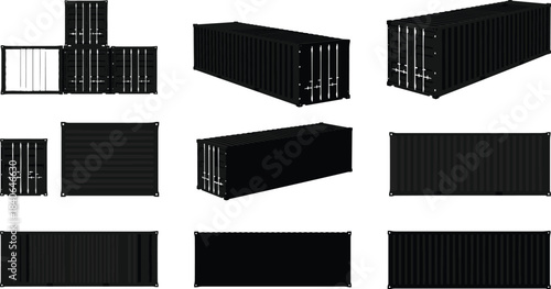 Shipping containers, black silhouettes, logistics icons, cargo transport, modular units, stacked containers, isometric views, front, side, top, industrial design