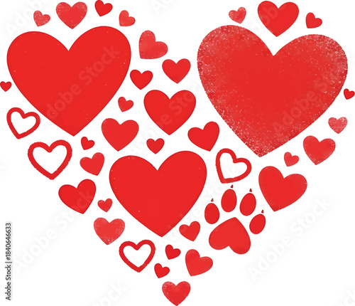 A vibrant collage of red hearts forming a larger heart shape on a white background