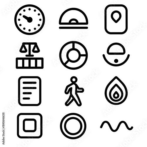 Wellness Icons Collection. Rhythmic Wellness Tools linear set: routine cadence dial, breathing interval arc, movement reminder chip, energy balance bar, focus cycle token, mindful