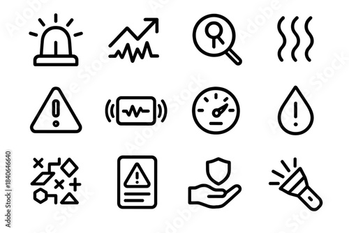 Proactive Hazard Icons. Proactive Hazard Signals linear set: early warning light, risk trend arrow, small irregularity icon, unusual noise waves, temperature rise alert, vibration