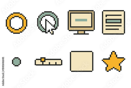 Digital Icon Set. Focused Digital Flow pixel style set: attention ring, guided cursor, calm screen, task highlight bar, focus dot, timeline cue, clean panel, priority marker.