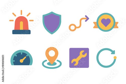 Crisis Recovery Icons. Crisis recovery elements flat set: alert beacon, protective gate icon, recovery path line, support badge, stability gauge, guidance node, repair tile,