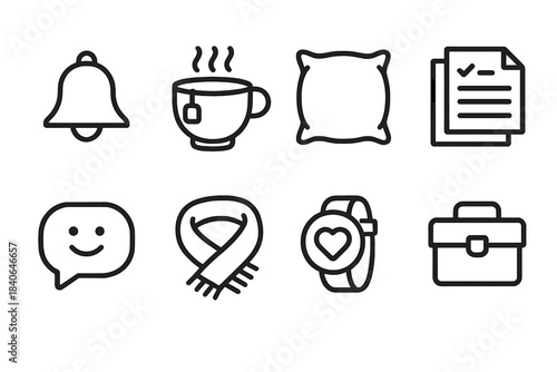 Supportive Care Icons. Supportive Care Tasks linear set: reminder bell, warm tea cup, safety cushion, organized notes, friendly chat bubble, comfort scarf, wellness tracker, care