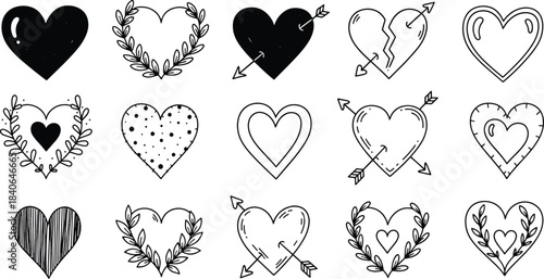 Collection of hand drawn hearts with arrows and floral elements in black ink