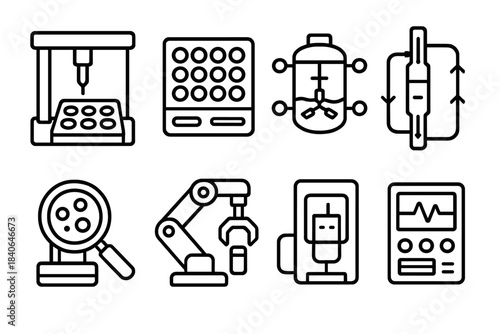 Biofabrication Icons Collection. Advanced biofabrication platforms linear set: pipette robot tile, assay plate bar, bioreactor chamber node, reagent flow strip, sample monitor icon