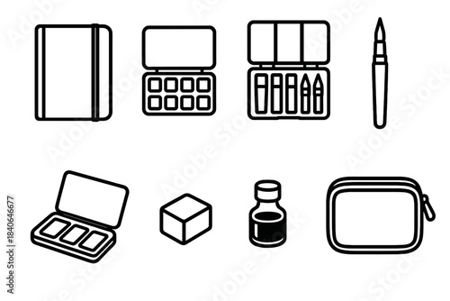 Mobile Art Supplies. Mobile Art Tools linear set: portable sketchbook, travel watercolor set, compact pencil kit, pocket brush pen, mini ink vial, folding palette, small eraser