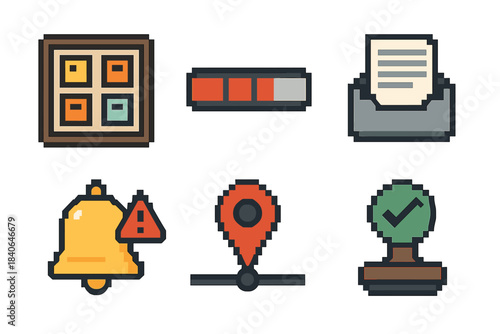 Project Management Icons. Project Deadline pixel style set: task board, progress bar, submission tray, alert bell, timeline marker, approval stamp.