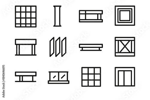 Modern Urban Icons. Urban Modernism Components linear set: grid facade, sleek column, skybridge link, recessed window, open lobby, facade fins, terrace platform, structural steel
