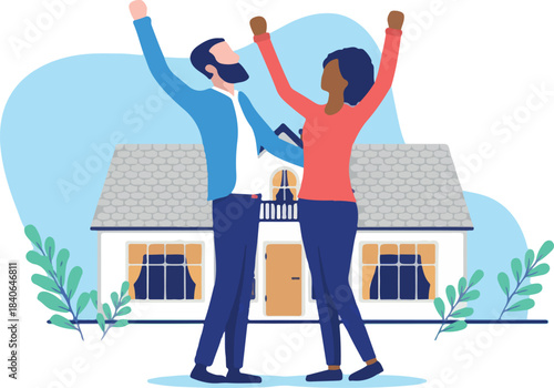 Buying first home - Interracial couple purchasing their first house celebrating and being happy. Flat design vector illustration with white background
