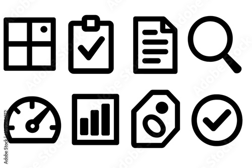Bold Accountability Icons. Transparency and accountability silhouette set: clarity window tile, audit check mark, disclosure panel, oversight lens icon, responsibility gauge,
