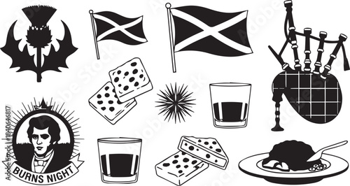 Vintage scottish emblems including bagpipes flags and traditional accessories in black ink