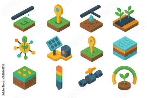 Agriculture Isometric Icons. Efficient Agriculture Systems flat isometric set: micro-irrigation tube, soil probe tile, controlled fertilizer drip, mulched row strip, climate-smart
