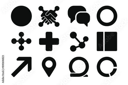Brutalist Community Icons. Connected Community Frameworks silhouette set: circle tile, handshake node, dialogue bar, shared-space ring, collaboration cue dot, support patch,