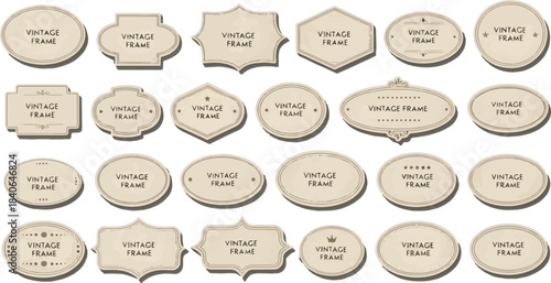Collection of various beige labels and tags with text on white background
