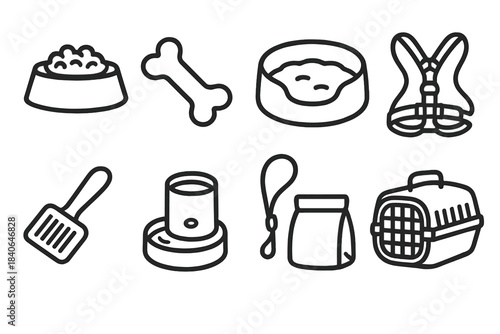 Pet Care Essentials. Pet Care Essentials linear set: food tray, rubber toy, plush bed, harness and leash, comb brush, drinking fountain, treat pouch, portable carrier.