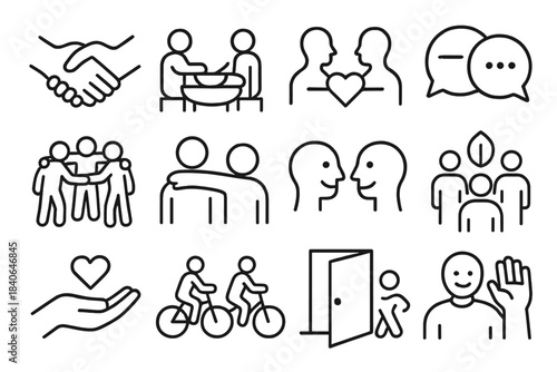 Social Connection Icons. Healthy Social Bonds linear set: handshake icon, shared meal bowl, heart connection symbol, friendly chat bubble, group circle, supportive arm link, smile