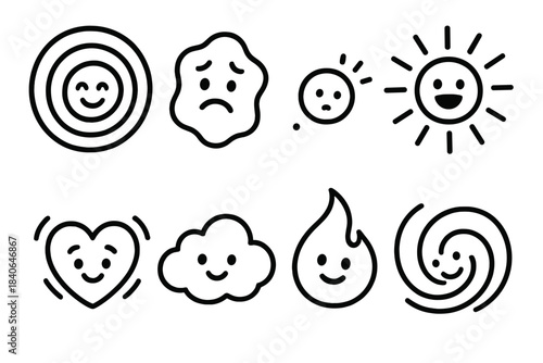 Emotional Icons in Motion. Moving Emotional Expressions linear set: radiant warmth spiral, wobbling uncertainty arc, drifting loneliness mote, bright enthusiasm beam, trembling