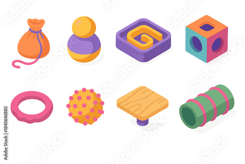 Animal Enrichment Icons. Animal Enrichment Set isometric flat set: scent trail pouch, wobble toy, treat maze, hide-and-seek cube, tug ring, textured ball, perch platform, activity