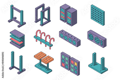 Dual-Sided Rack Icons. Dual-Sided Rack Designs flat isometric set: two-way frame bar, mirrored equipment bays, balanced airflow grid, equal-depth shelves, dual cable guides,
