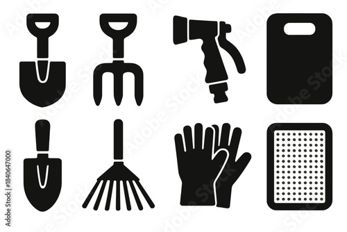 Backyard Gardening Icons. Backyard gardening essentials silhouette set: spade, cultivator, hose nozzle, kneeling pad, transplanting scoop, leaf rake, garden gloves, soil sifter.
