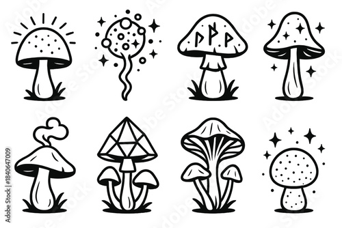 Enchanted Fungi Icons. Enchanted Fungi Set linear set: luminescent dome cap, floating spore bloom, rune-marked mushroom, shimmering stalk fungus, fog-spout shroom, prism-cap