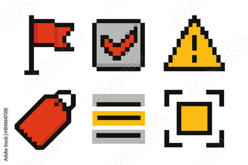 Pixel Art Icons. Task Highlight pixel style set: priority flag, marked checkbox, attention marker, urgent tag, highlighted row, focus icon.