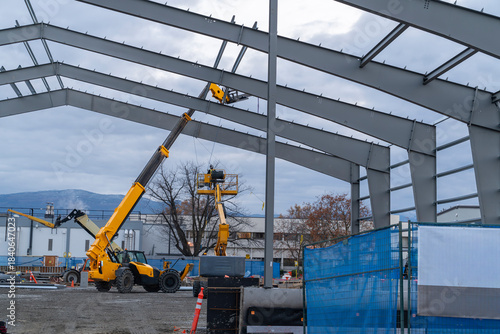 Canvastavla Construction site with steel framed building being erected