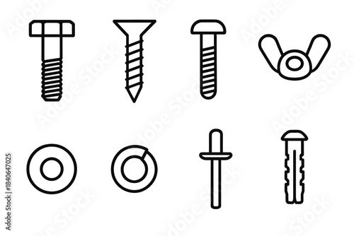 Hardware Fasteners Icons. Hardware fasteners linear set: hex bolt, wood screw, machine screw, wing nut, flat washer, lock washer, rivet pin, anchor plug.