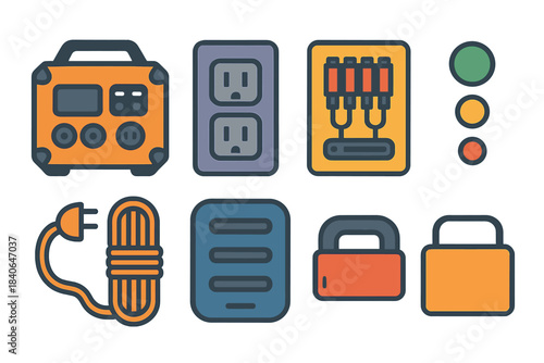 Off-Grid Power Icons. Off-grid power essentials flat set: rugged power block, multi-port faceplate, fuse panel, status LEDs, extension cord, cable organizer, airflow grille, top