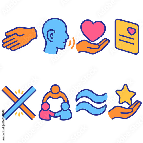 Support Icon Set. Relational support elements isometric flat set: guiding hand, listening icon, comfort heart, supportive message card, connection beam, unity emblem, gentle wave,
