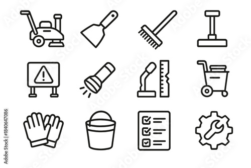 City Maintenance Icons. City Upkeep Tools linear set: sidewalk grinder, repair putty knife, drainage brush, pavement stamp, urban safety shield, street-scan flashlight,