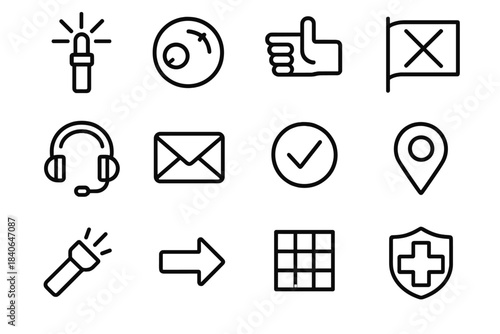Rescue Signal Icons. Rescue Coordination Signals linear set: beacon flare, radio channel dial, hand-signal card, comms flag, tactical headset, message pouch, response icon,