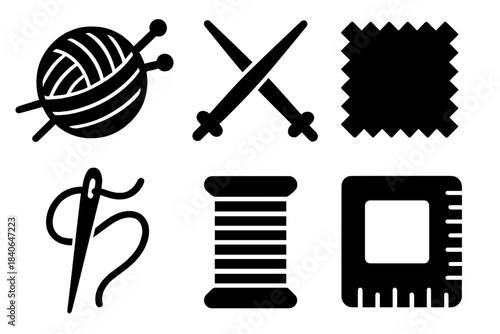 Craft Tools Vector Icons. Knitting and Sewing Supplies silhouette set: yarn ball, knitting needles, fabric swatch, sewing needle, thread spool, craft gauge.