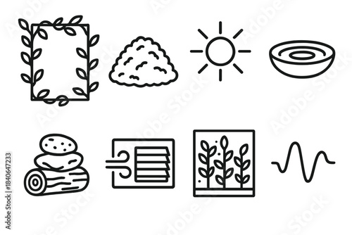 Biophilic Icon Set. Biophilic Living Set linear set: vine-wrapped frame, soft moss pad, sunlight ray marker, water ripple bowl, organic material stack, open-air vent, plant wall