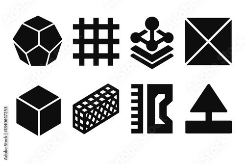 Brutalist Icon Set. Form–material frameworks silhouette set: faceted tile, lattice frame bar, layered construct node, geometric surface plate, modular unit, patterned mesh strip,