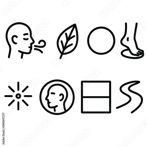 Mindfulness Icons. Screen-Free Mindfulness linear set: quiet breath icon, nature attention leaf, mindful moment dot, grounding step marker, sensory-awareness spark, calm presence