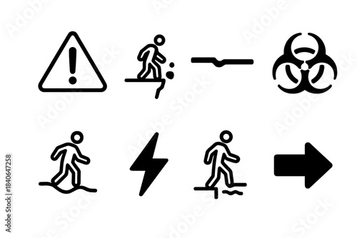 Risk Icons Set. Risk Icons Set linear set: warning triangle, sharp cliff edge, broken line, hazard symbol, shaky path, lightning strike, uncertain step, danger arrow.