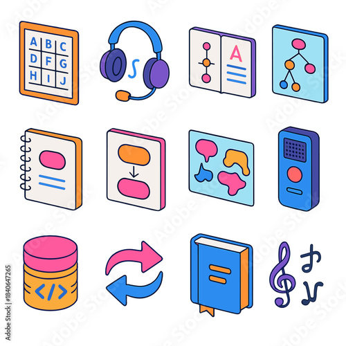 Linguist Tools Icons. Professional Linguist Tools isometric flat set: phonetic chart, transcription headset, grammar guide, syntax tree card, vocabulary notebook, etymology sheet,