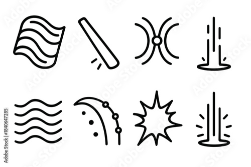 Auroral Energy Icons. Sky EM patterns linear set: auroral ribbon tile, plasma beam bar, magnetic line node, ion stream icon, wave ripple, charged particle arc, solar flare tile,