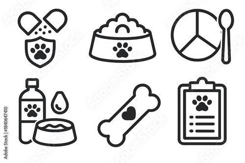 Pet Nutrition Icons. Pet Nutrition Support linear set: mineral boost, fresh bowl setup, portion guide, hydration gauge, wholesome treat, nutrition tracker.