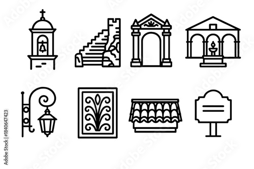 Historic Urban Icons. Historic Urban Icons linear set: bell tower, ancient stair lane, decorative stone portal, preserved courtyard, wrought-iron lamp, carved wall panel, tiled