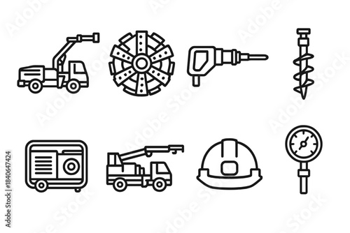 Industrial Drilling Icons. Industrial drilling set linear set: jumbo drill, tunnel borer head, anchor drill, auger flight, power generator, drill carriage, safety helmet, measuring