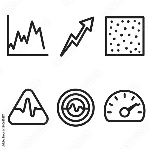 Unstable Patterns Icons. Unstable Pattern Indicators linear set: erratic line chart, abrupt change arrow, noise field tile, unstable zone marker, oscillation ring, instability dial