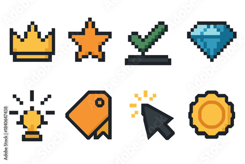 Prime Icons Pixel Art. Prime Selection pixel style set: crown symbol, premium star, elevated checkmark, chosen gem, standout icon, preferred tag, selection arrow, top-tier seal.