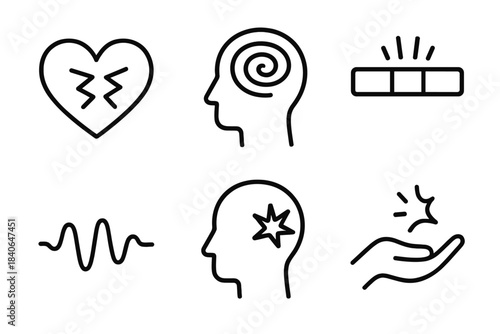 Emotional Icon Set. Emotional Tension linear set: clenched heart, swirling thoughts, stress bar, wavering line, anxious spark, release symbol.