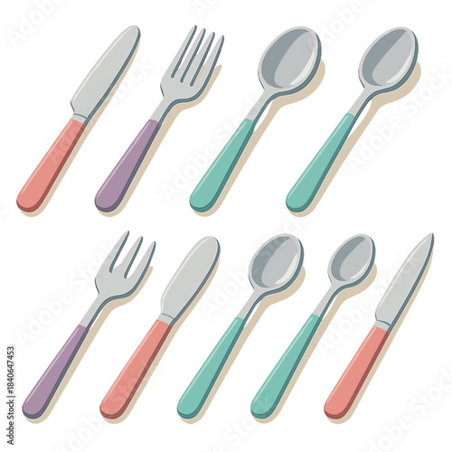 Colorful Tableware Icons. Essential Tableware Cutlery flat isometric set: table knife, table fork, table spoon, small dessert spoon, serving fork, butter spreader, tasting spoon,