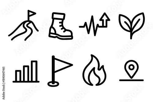 Icons of Growth. Persistence & Growth Icons linear set: uphill path, disciplined step symbol, resilience pulse, growth mindset leaf, steady rhythm bar, challenge marker, internal
