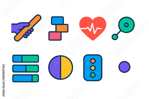 Rhythm System Icons. Distributed rhythm systems flat set: async baton pass, staggered task blocks, heartbeat pulse, message node, work lane tile, focus interval icon, rolling