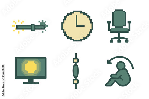Sustainable Screen Icons. Sustainable screen use pixel style set: brightness slider, time tracker, ergonomic chair, soft glow, focus bead, unwind icon.